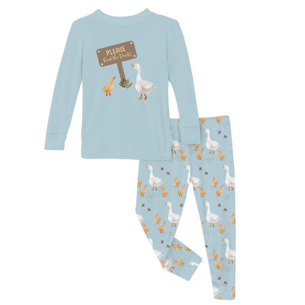 NEW KICKEE kids print long sleeve pajama set in spring sky feeding ducks